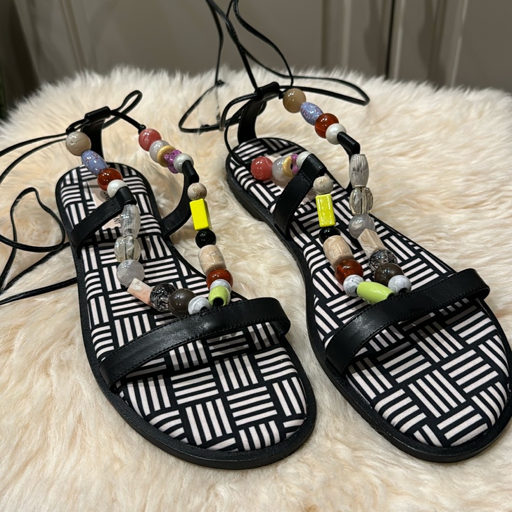 Antonio Melani Sandle Snake Black Leather Rhinestone Beaded Flat Shoe